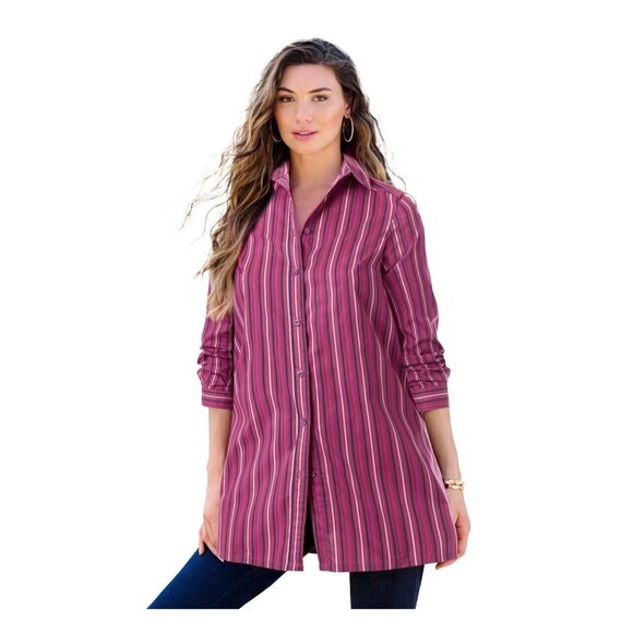 Roaman's Womens Plus Size Kate Tunic Big Shirt Purple Stripe 16 W Button-up 3/4 - Picture 11 of 11